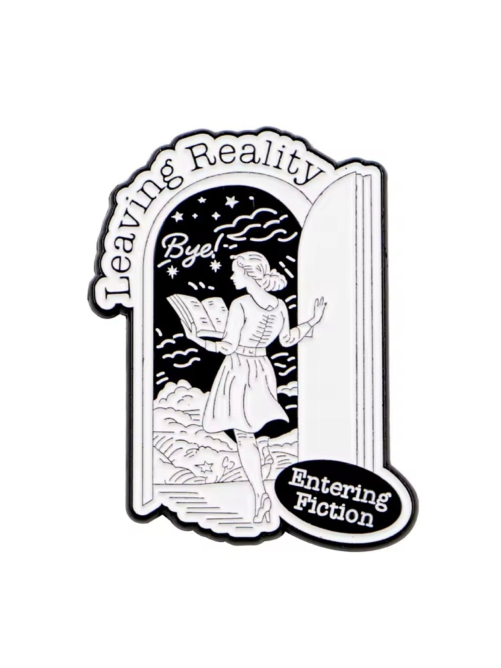 Black and White Book Lover 'Leaving Reality' Enamel Pin